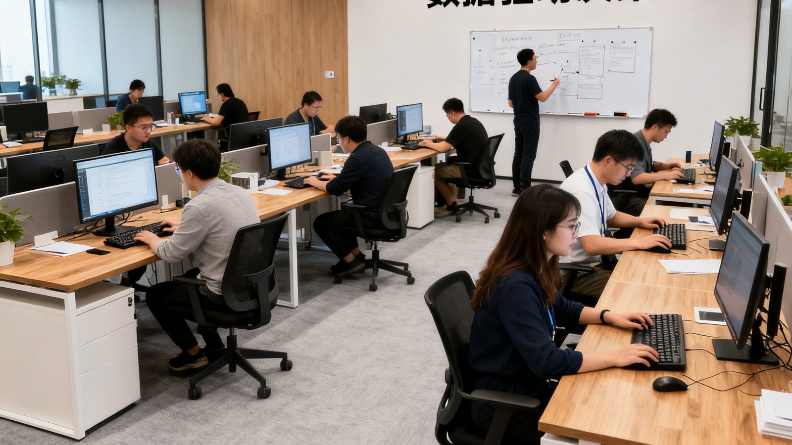 B体育北京总部开放式办公区实景，数十位编辑和数据分析师在现代化办公室内专注工作的场景