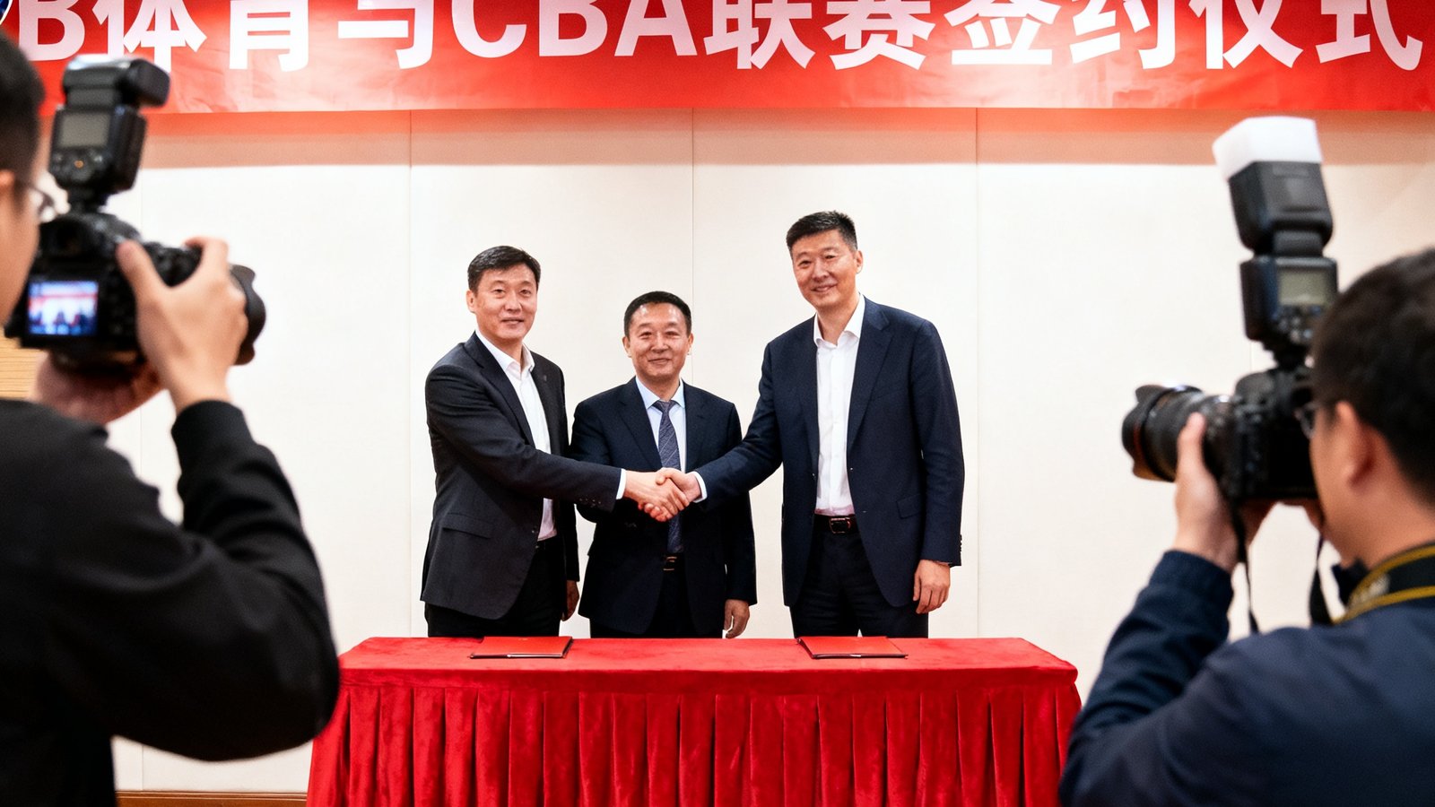 B体育与CBA联赛签约仪式的现场照片，双方代表握手合影