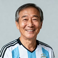 资深足球迷陈先生的肖像照片，他穿着球衣面带微笑