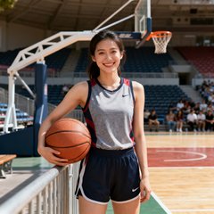 篮球爱好者李女士的生活照，她手持篮球站在球场边